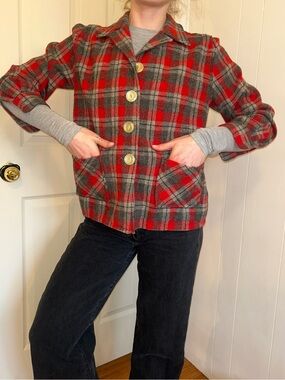 Vintage Red Gray Plaid Wool Flannel Shirt Jacket